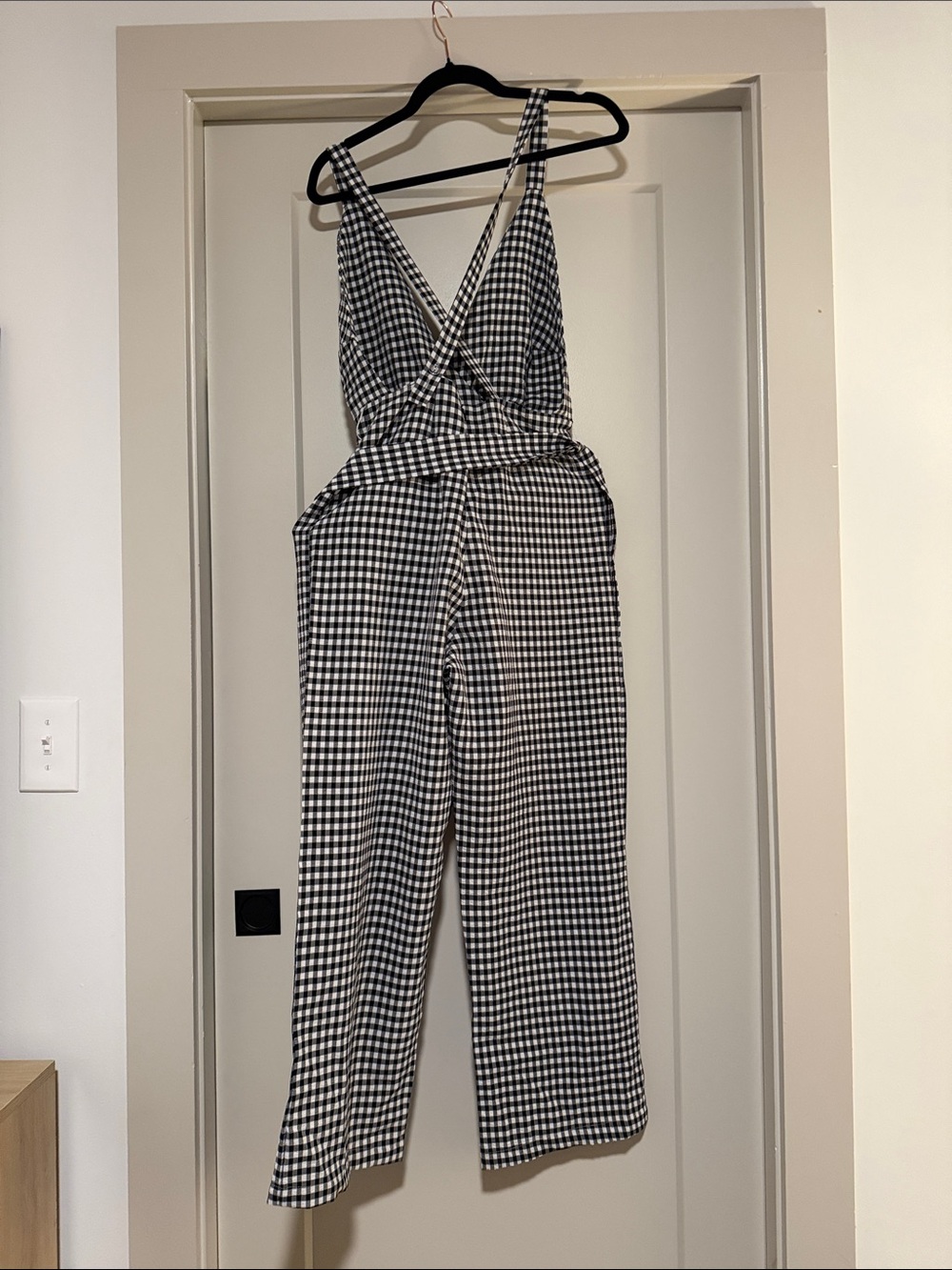 Olivaceous Black and White Gingham Jumpsuit with Wrap Top